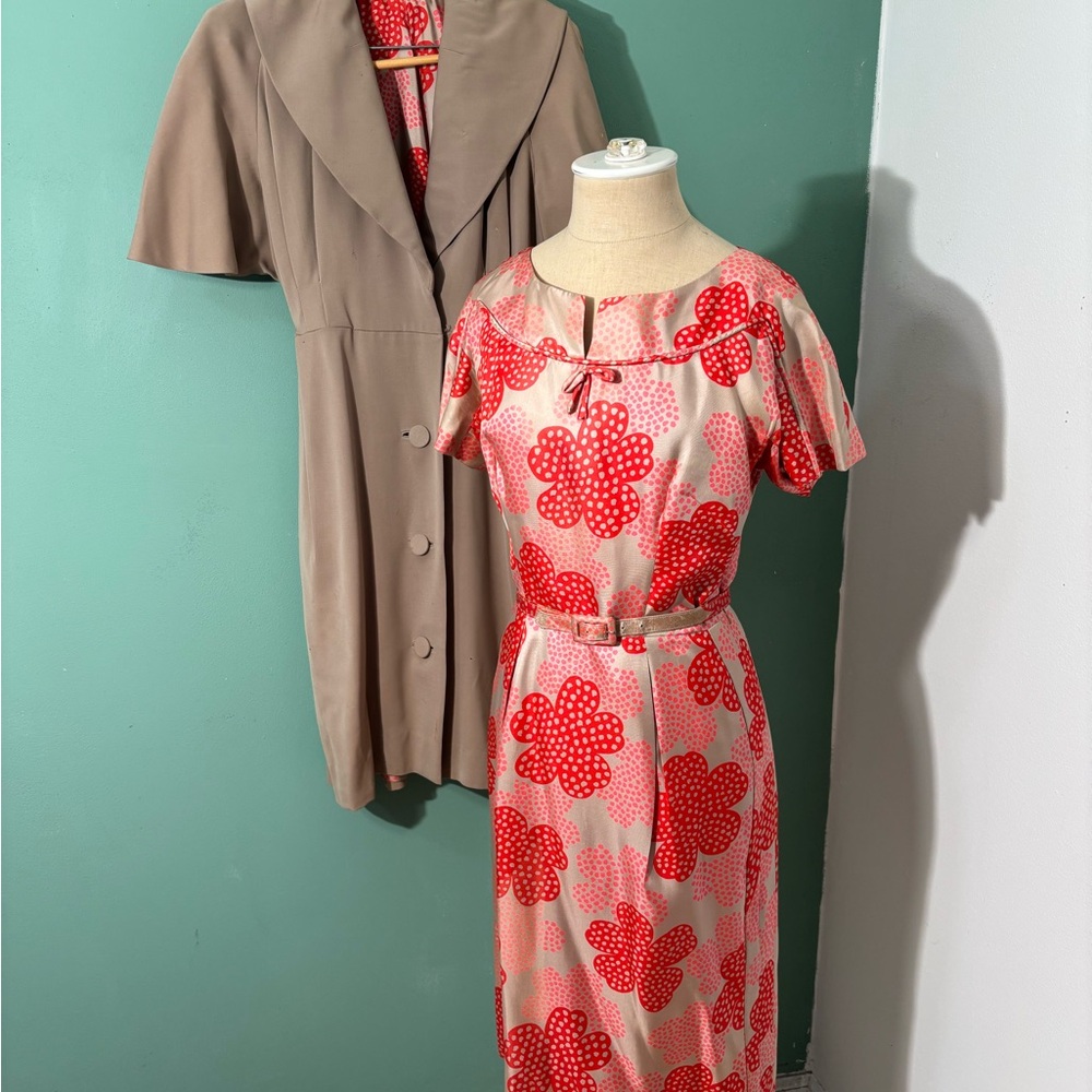 Evelyn Bader  1950’s Pink & Coral Polka Dot Lined Jacket and Dress